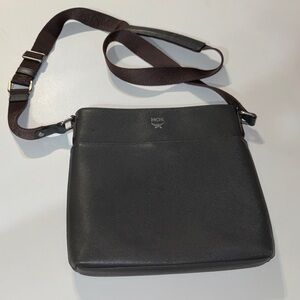100% Authentic MCM Charcoal Leather Messenger Bag w/Chocolate Brown Strap